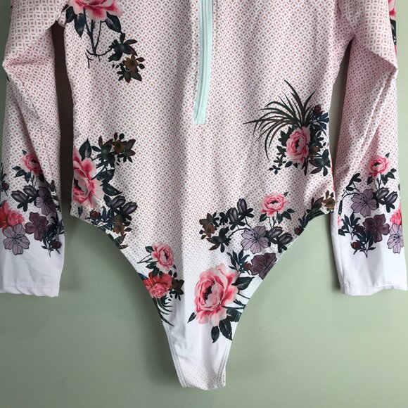Women's Brazilian Pink Floral Long sleeve back zip swimsuit Size M, NWT - Picture 5 of 7